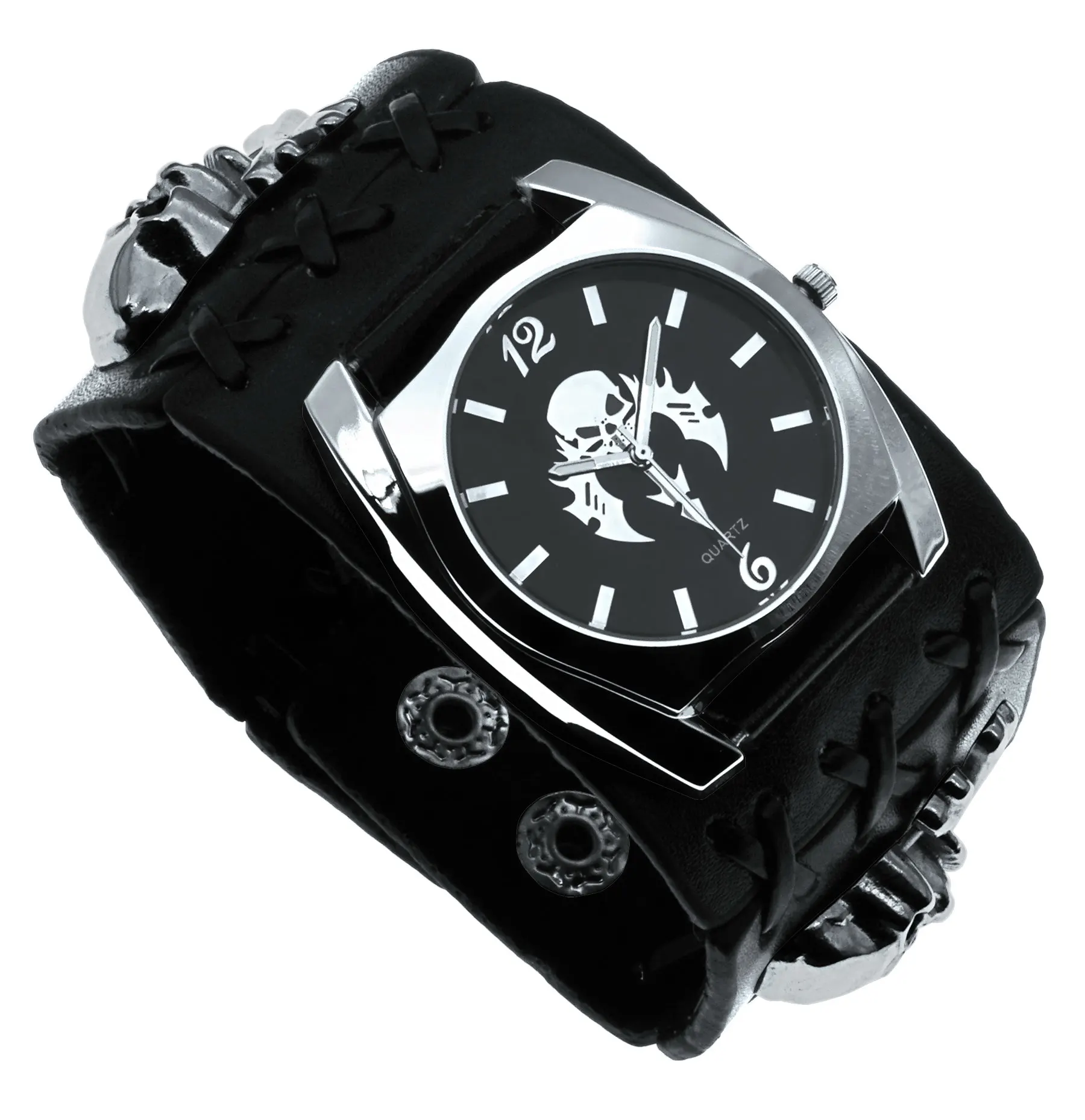 New Top Marca De Couro Do Crânio Do Punk Relógio De Quartzo para Homens 3D Rebite De Metal Sports Men\'s Watch Religio masculino + Presente Da Caixa