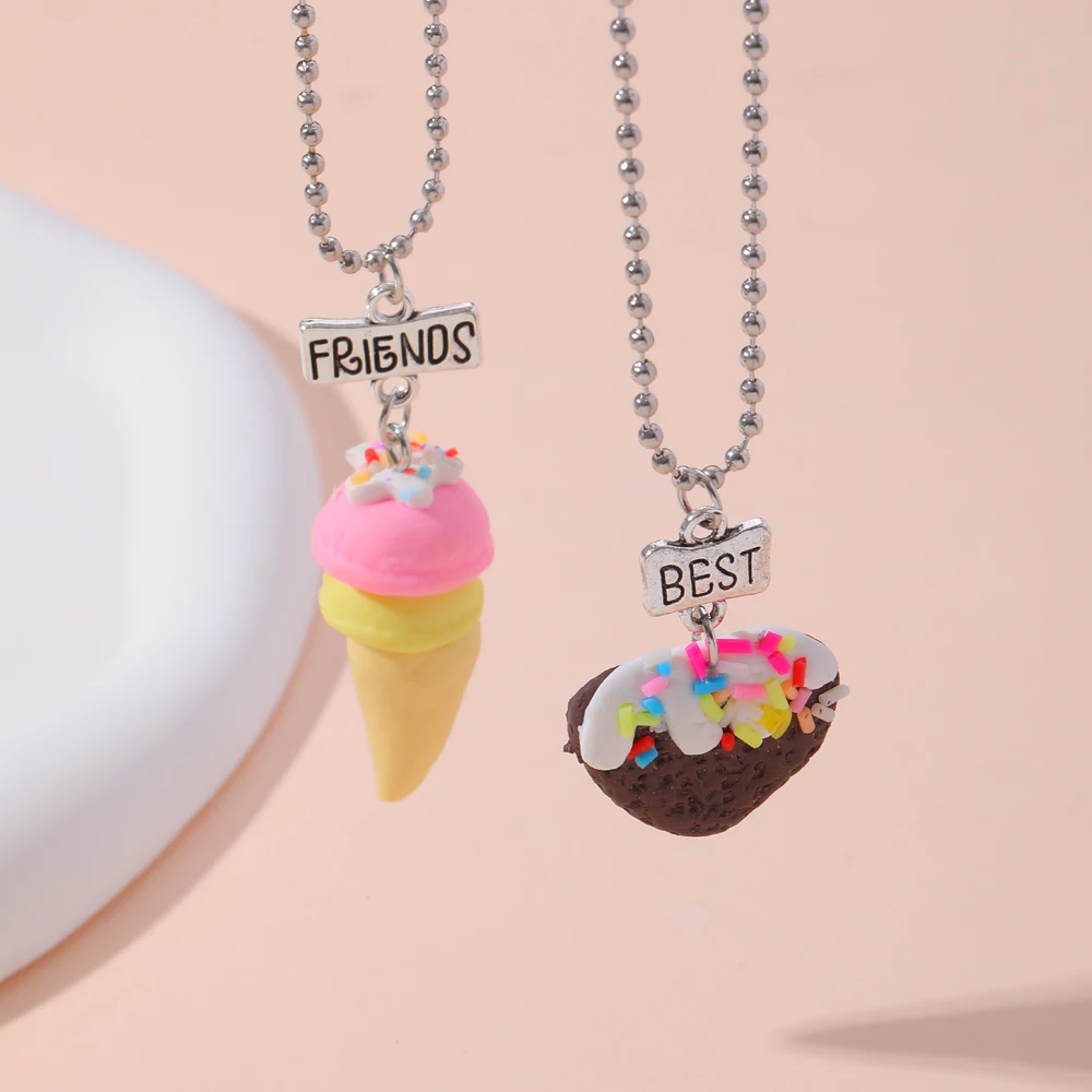 15 Style Polymer Clay Pendant Best Friends Necklace Set BFF Fimo Rainbow Lollipop Ice Cream Cones Charm Beads Chian Kids Gift
