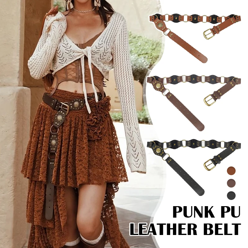 

Western Cowboy Style Metal Buckle Belt Medieval Retro PU Leather Women Rivet Decor Needle Buckle Punk Waist Belt Cosplay Costume