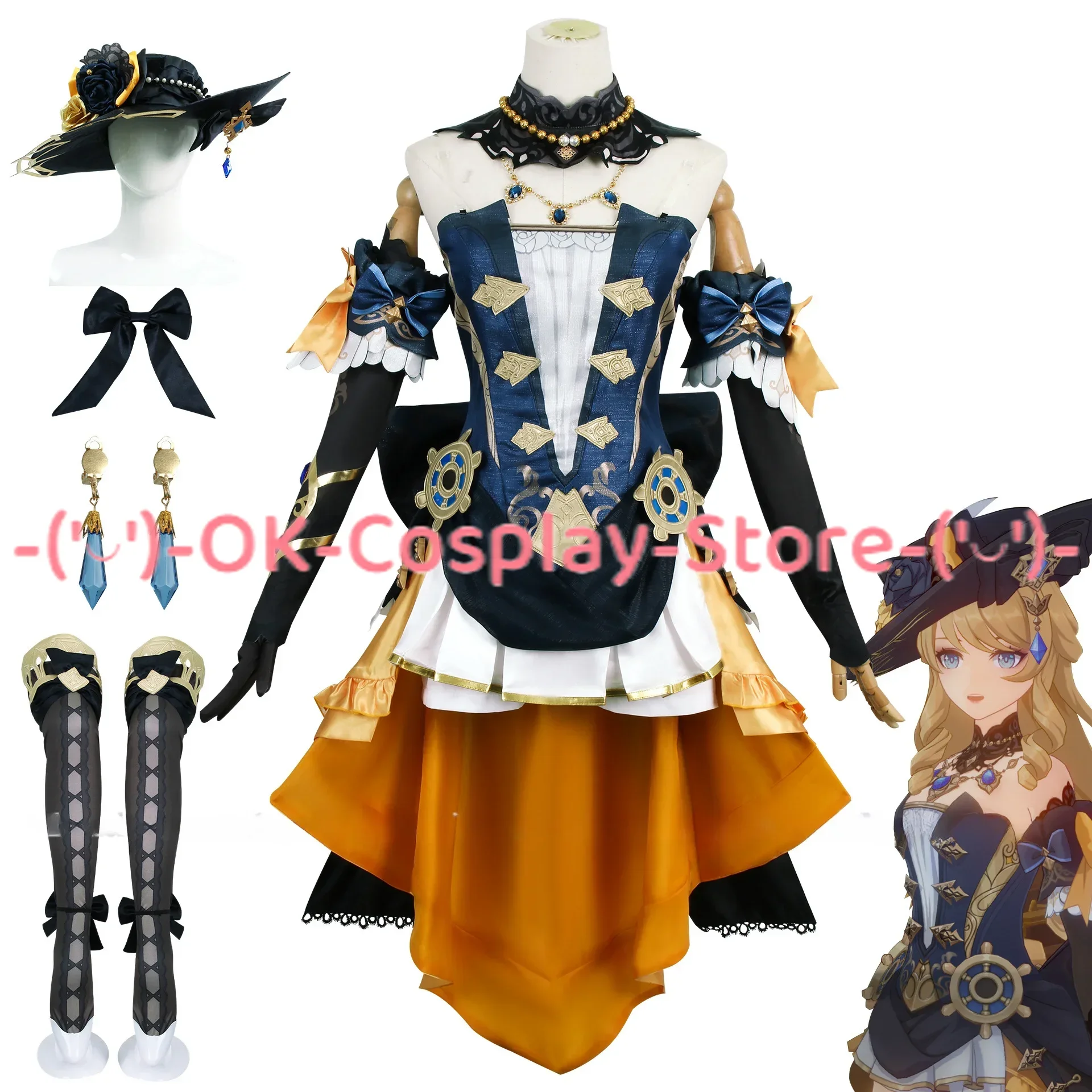 Disfraz de Cosplay de Navia Genshin Impact para niñas, vestido, peluca, Fontaine, Di Rosula Spina, sombrero, guantes, Clips para las orejas, uniforme, en STOCK