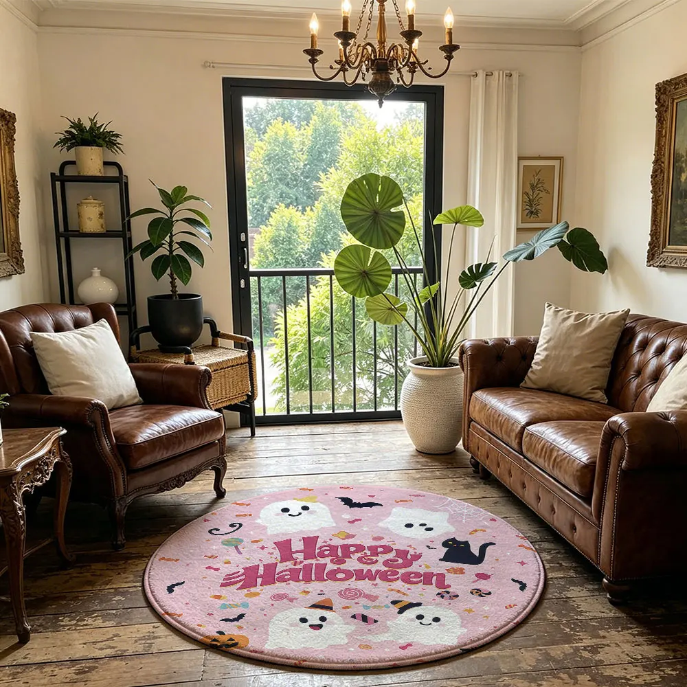 1pc cute ghost Halloween-themed printe round floor mat for living room sofa leaf-patterned base washing