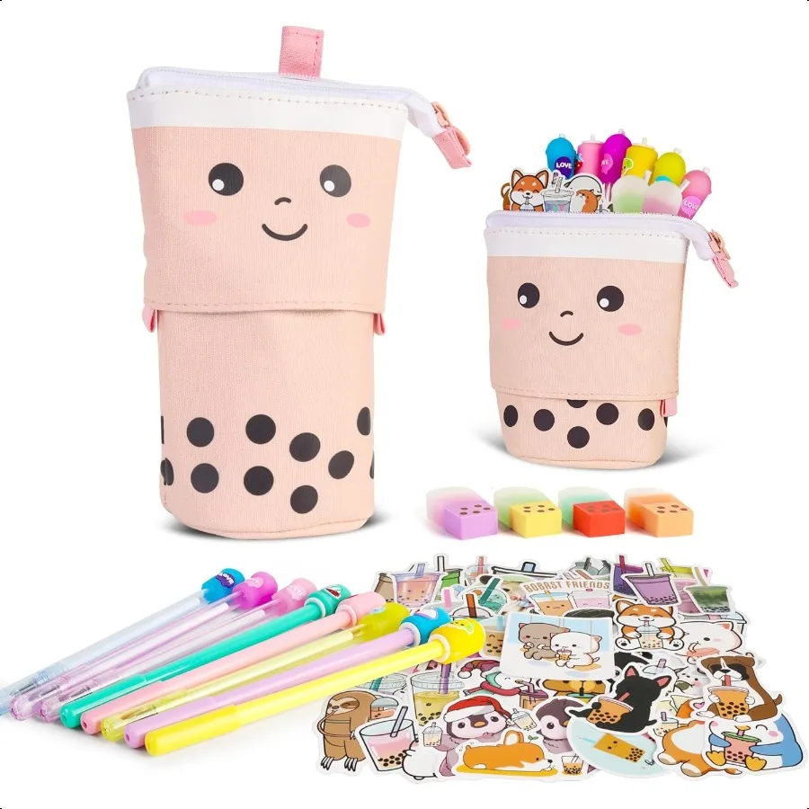 مقلمة Kawaii ومجموعة قرطاسية وردية كاملة مكونة من 61 قطعة مع حافظة بوبا اللطيفة المنبثقة 8 أقلام 50 ملصقات شاي فقاعات متعددة الألوان