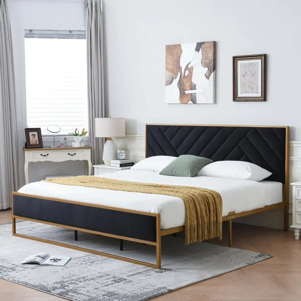 

King Metal Upholstered Bed 10''Underneath Storage Supported by Metal Base and Wooden Slats, No Box Spring Needed, Noise-Free