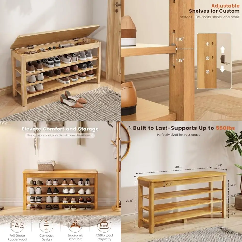 Banco moderno de zapatero de madera de 3 niveles de mediados de siglo con construcción de caucho, soporte de hasta 550 libras, ideal para almacenamiento compacto