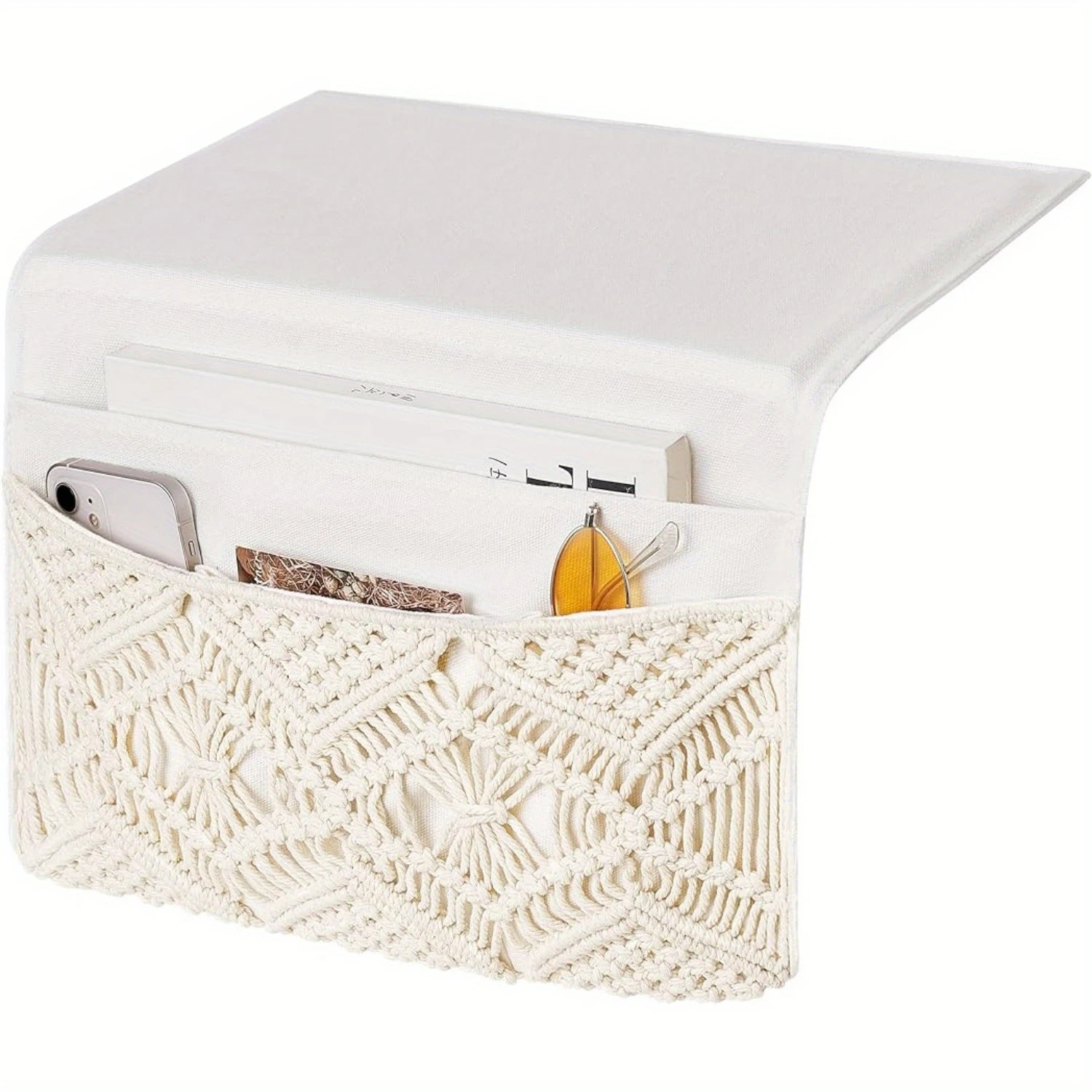 

Macrame Bedside Caddy Organizer, Ivory Fabric, Non-Slip Countertop, 4 Pockets - Control/Tablet/Magazine Organizer for Bedroom, L