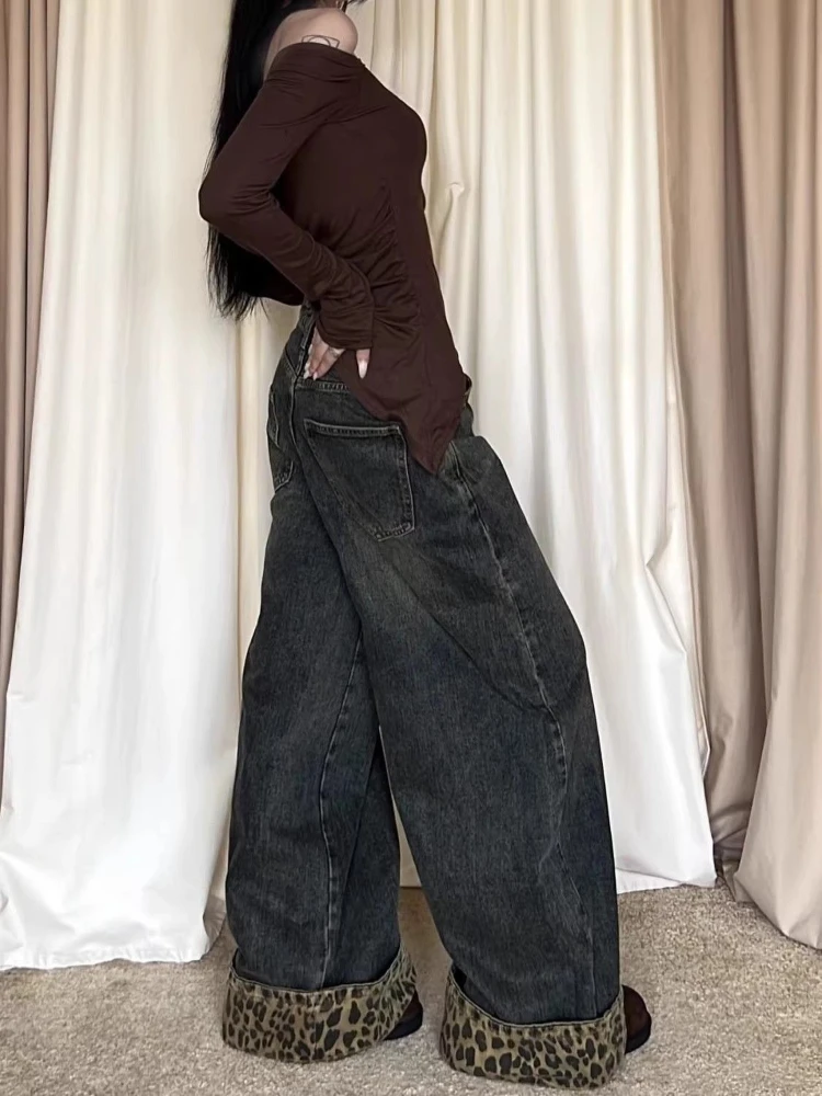 HOUZHOU-pantalones vaqueros con estampado de leopardo Retro americano para mujer, pantalones holgados lavados Vintage Y2k, pantalones vaqueros de calle con retales Grunge