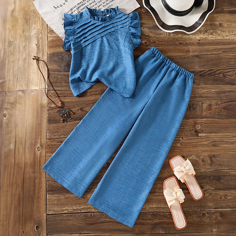 

Big Kids Girls Spring/Summer New Style Ruffle Sleeve Pleated Short Sleeve Top and Long Pants Set