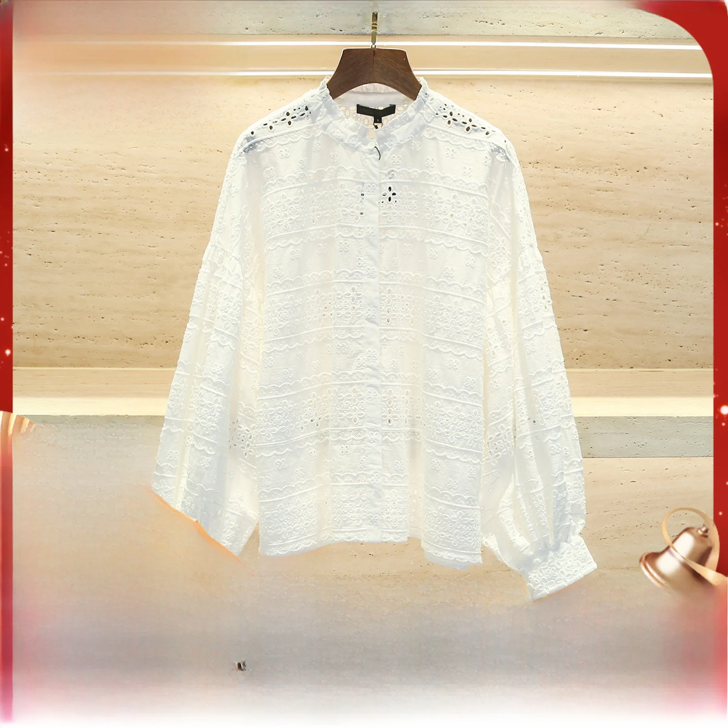 

MaSandeM Romantic Wooden Ear round Ne Lantern Sve Hollow out White irt Women's Faion Early Autumn New Sle