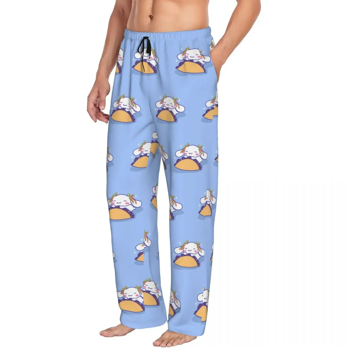 Op maat gemaakte Cinnamoroll pyjamabroek voor heren, witte hondennachtkleding, slaaploungebroek met zakken