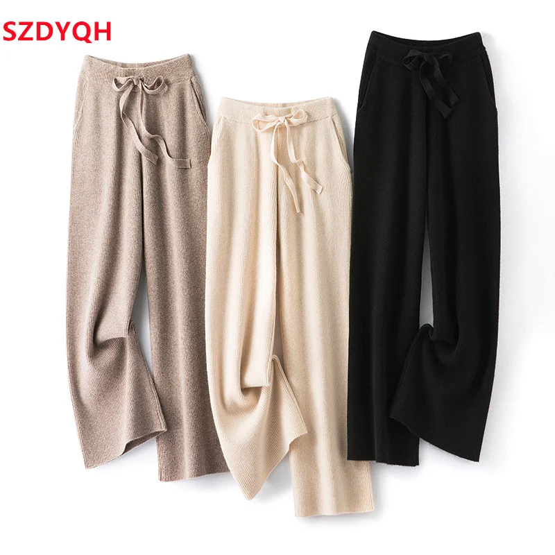 

2023 Autumn Winter Women 100% Wool Pants Soft Waxy Comfortable High-Waist Knitted Trousers Female Casual Thicken Wide Leg Pants