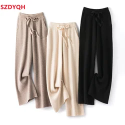 2023 Autumn Winter Women 100% Wool Pants Soft Waxy Comfortable High-Waist Knitted Trousers Female Casual Thicken Wide Leg Pants