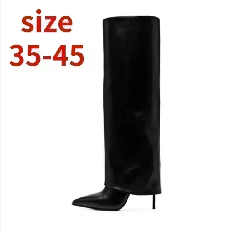 2024 Autumn New Fashion Leather Knee Pants Boots for Women Europe and America Elegant Pointed High Heels Big Size Shoes 43 45