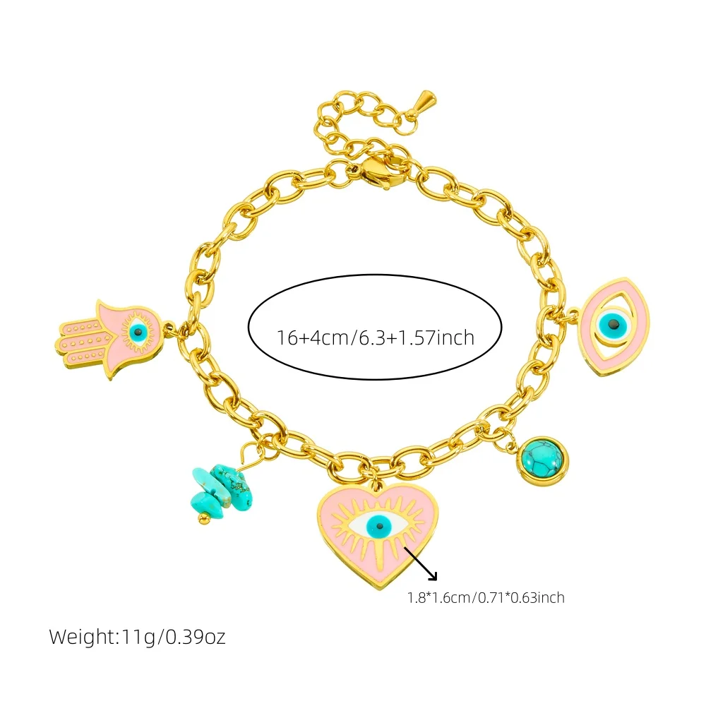 Stainless Steel Pink Enamel Heart The Evil Eye Turquoise Pendant Bracelet Lady Fashion Waterproof Jewelry