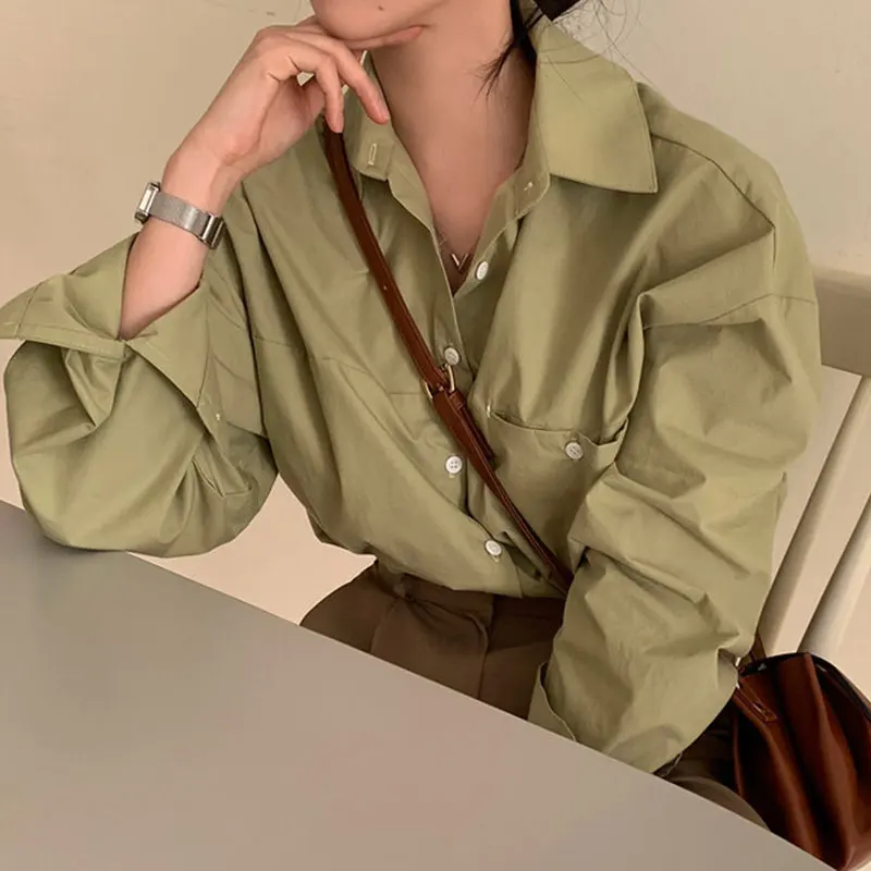 Chic Spring Soft een Oversize Casual Pure Color Long Sve irt Women's Turn-down Collar Top Versatile Loose Fit