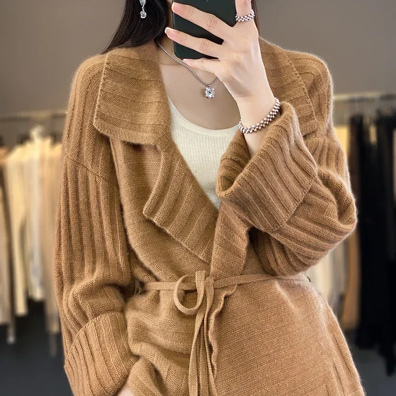 

Tailor Sheep Cashmere Knitted Cardigan Women's Polo Neck Sweater Long Sleeve New 2023 Women's Cardigan Coat Wool Sweater