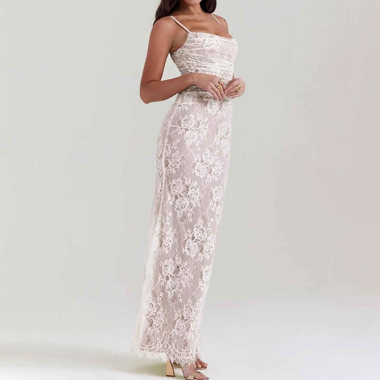 Sexy Square Neck Tie Strap Maxi Dress With Sheer Lace Long Sleeves Crochet Detail & Shawl Elegant Evening Button Front Dresses