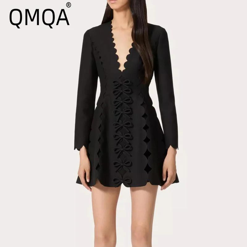

QMQA Fashion Women's Patchwork Bowknot Dresses V Neck Long Sleeve High Waist Slimming Solid Mini Dress Female Clothing QM585