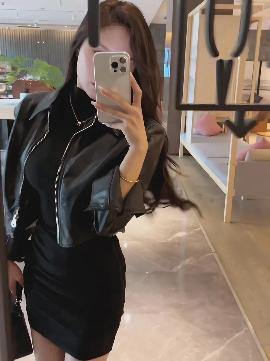 Ele ort Bla Couro Jaet Feminino Sle 2026 Nova Primavera High-End Feel Tamanho Pequeno Street Faion Fechamento com Zíper