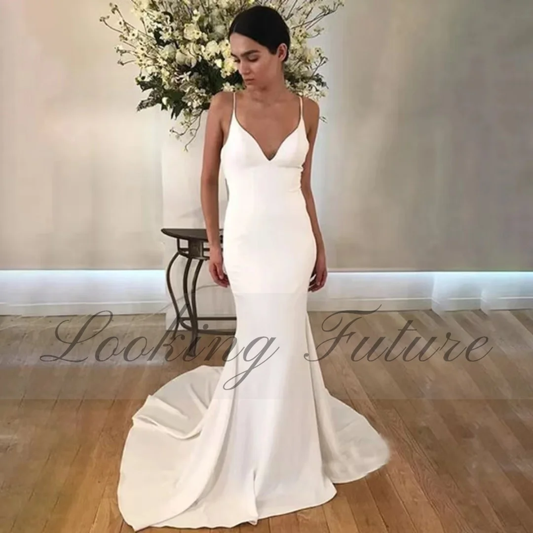 Simple Crepe Satin Wedding Dresses For Woman 2024 V Neck Sleeveless Spaghetti Straps Female Dress Button Sexy Open Back Gown