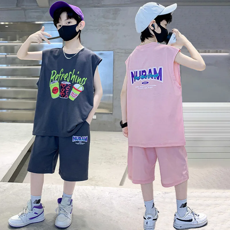 Boys Summer Cartoon Print Vest Suit 5-14 Years Stylish Letters Sleeveless T-Shirt & Shorts 2-Piece Set For Kids Casual Clothing