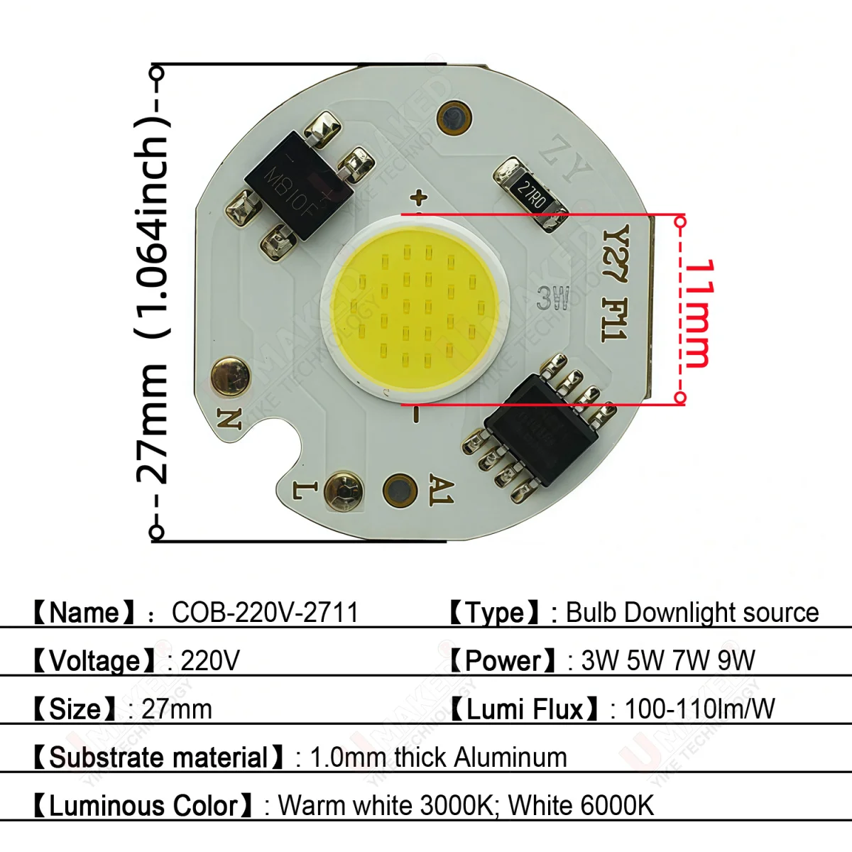 5pcs 220V 27mm LED COB Chip Bead 3W5W7W9W Bulb Lamp Source Warm White 3000K/6000K Driverless Aluminum PCB DIY for Spotlight