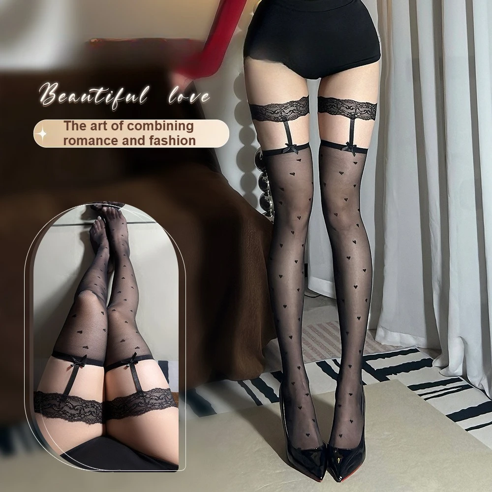 

Sexy Lace Garter Belt Socks - Pure & Seductive Over-The-Knee Fishnet Stockings with Heart Bow, Black Sheer Pantyhose for Women