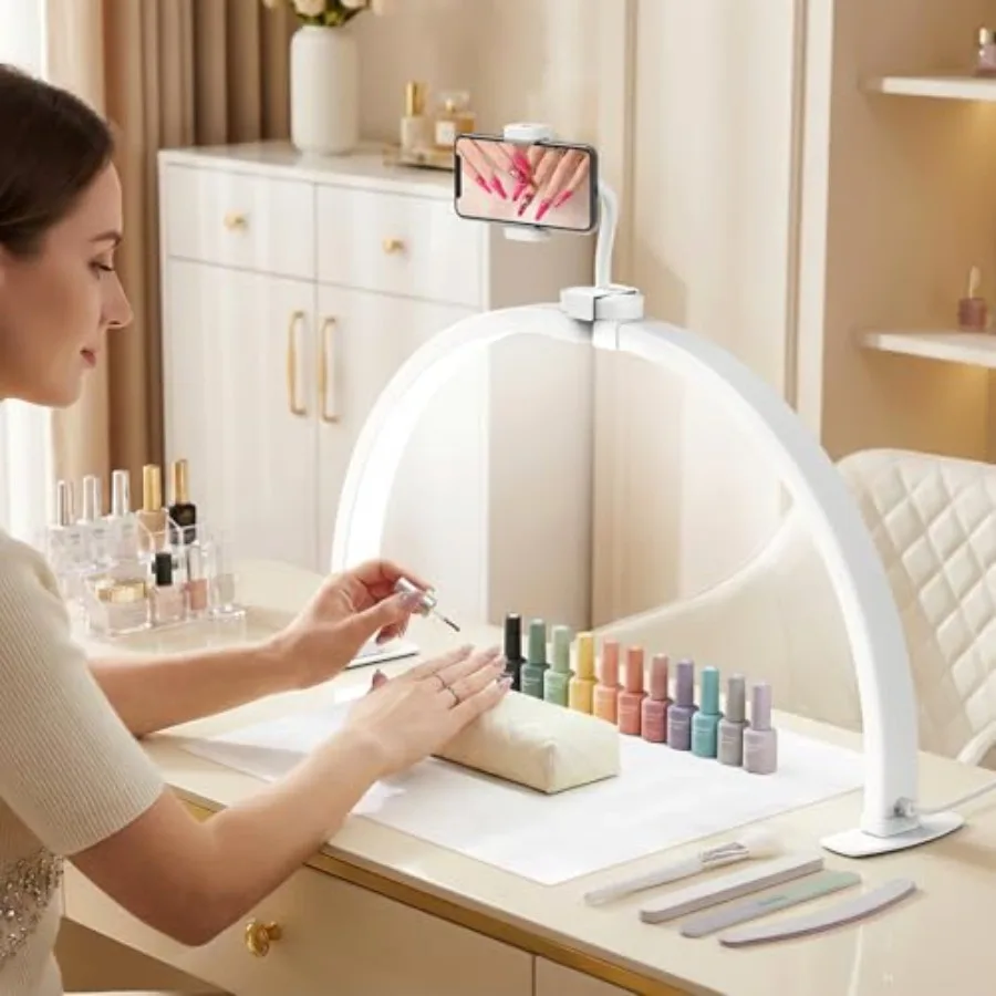 Half Moon Light for Desk: 29" Foldable Nail Light for Desk with Phone Holder - 3000K-6500K 3 Color Modes 10 Brightness for Salo