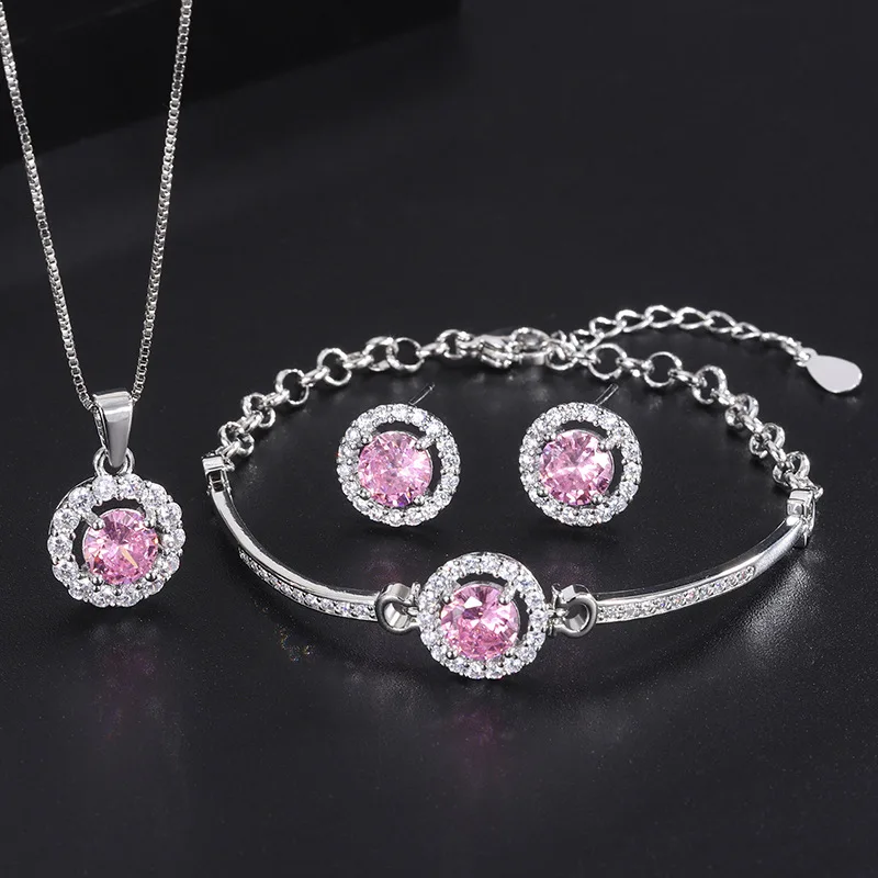 

Pink Zircon Heart Beating Bracelet Bangle Qixi Festival Gift for Girlfriend Necklace Pendant European and American Trendy Earrin