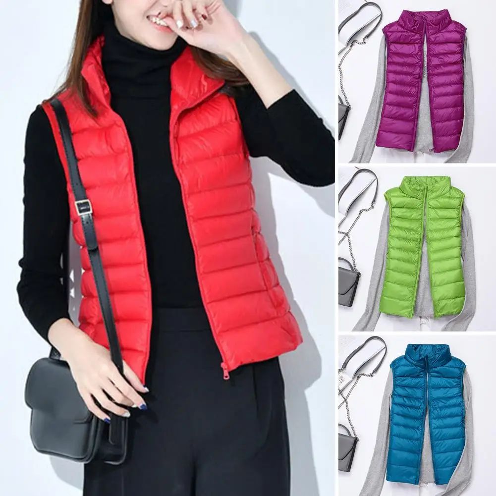 Women Down Vest Solid Color Stand Collar Sleeveless Vest Coat Autumn Winter Slim Fit  Fluffy Filling Waistcoat For Daily Wear