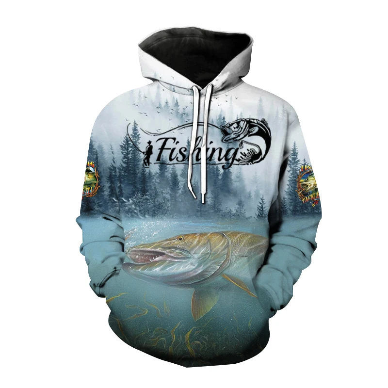 

New Wild Fishing Pattern Men's Vintage Harajuku Social Luxury Hoodie For Men 3d Printing Hunting Fish Sweatshirt Casual Clothing