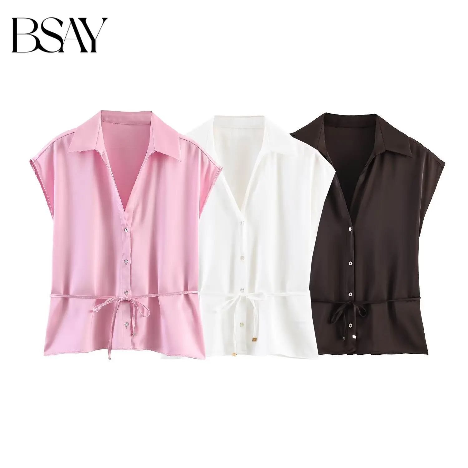 BSAY Neue Damen-Satinbluse, elegantes ärmelloses Oberteil mit V-Ausschnitt und Knopfleiste, mit Taillenband, schmale Passform, für Büro und Freizeit, Sommerblusen