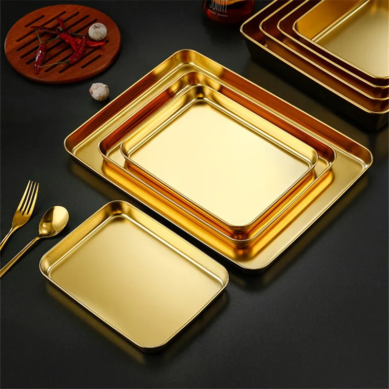 Golden Kitchen Stainless Steel Food Storage Trays Rectangle Fruits Barbecue Dish Serving Plate  Baking Pan Organizer Container