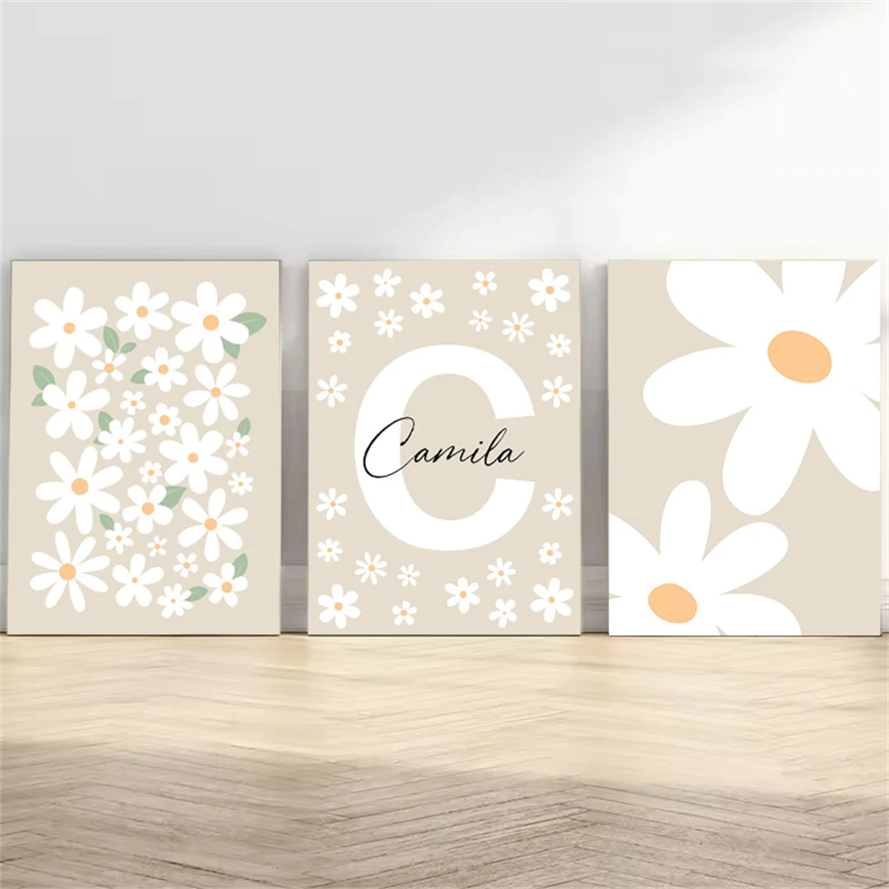 

Bohemia Beige Floral Print Baby Custom Name Poster Daisy Canvas Painting Nursery Wall Art Picture Nordic Posters Kids Room Decor