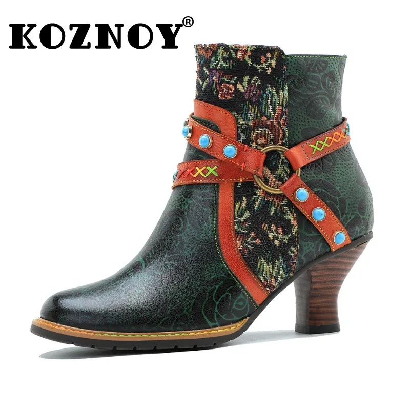 

Koznoy 6.5cm Sheepskin Leather Jacquard Plus Size ZIP Autumn Spring Ankle Booties Women Ethnic Fashion Ladies Print Ethnic Shoes