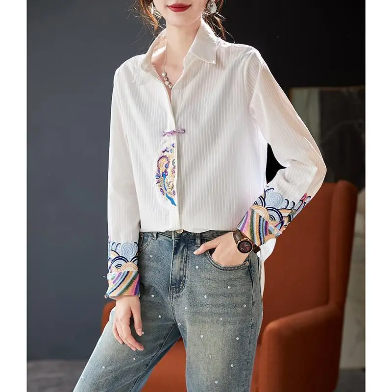 Chinese Style Women\'s 2024 Spring New Spliced Polo Collar Button Embroidery Fashion Loose Striped Long Sleeved Blouses Shirt