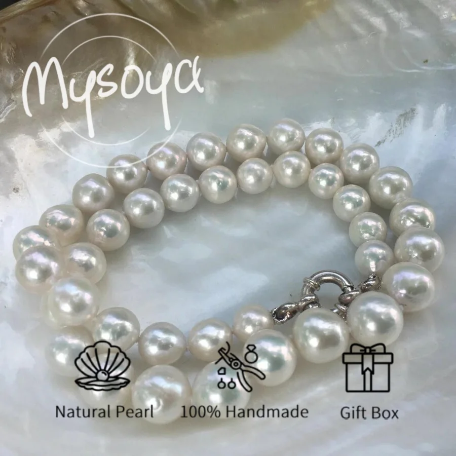 

MYSOYA 9-11mm Large Natural White Freshwater Pearl Necklace For Women And Men Gift Box Birthday Wedding Anniversary Jewelry Gift