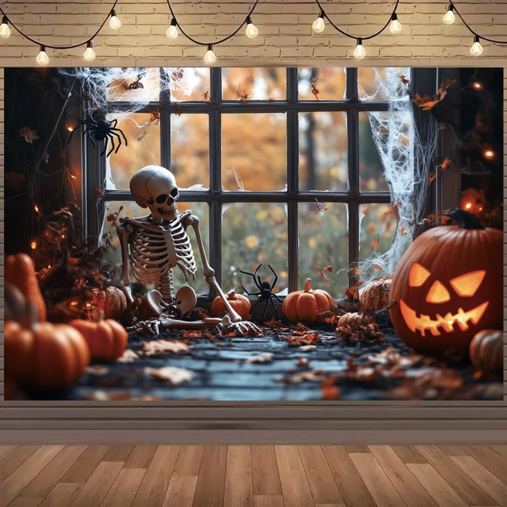 Spooky Halloween Backdrop Window Scene Skeletons Spider Web Terrifying Party Decor Photography Photozone Studio Props Banner