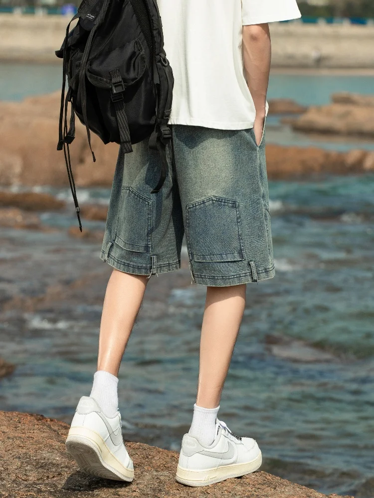 

Ретро-джинсовые шорты для мужчин, повседневные, с эффектом потертости, со средней посадкой, на шнурке, из тонкой джинсовой ткани, молодежные, летние, укороченные