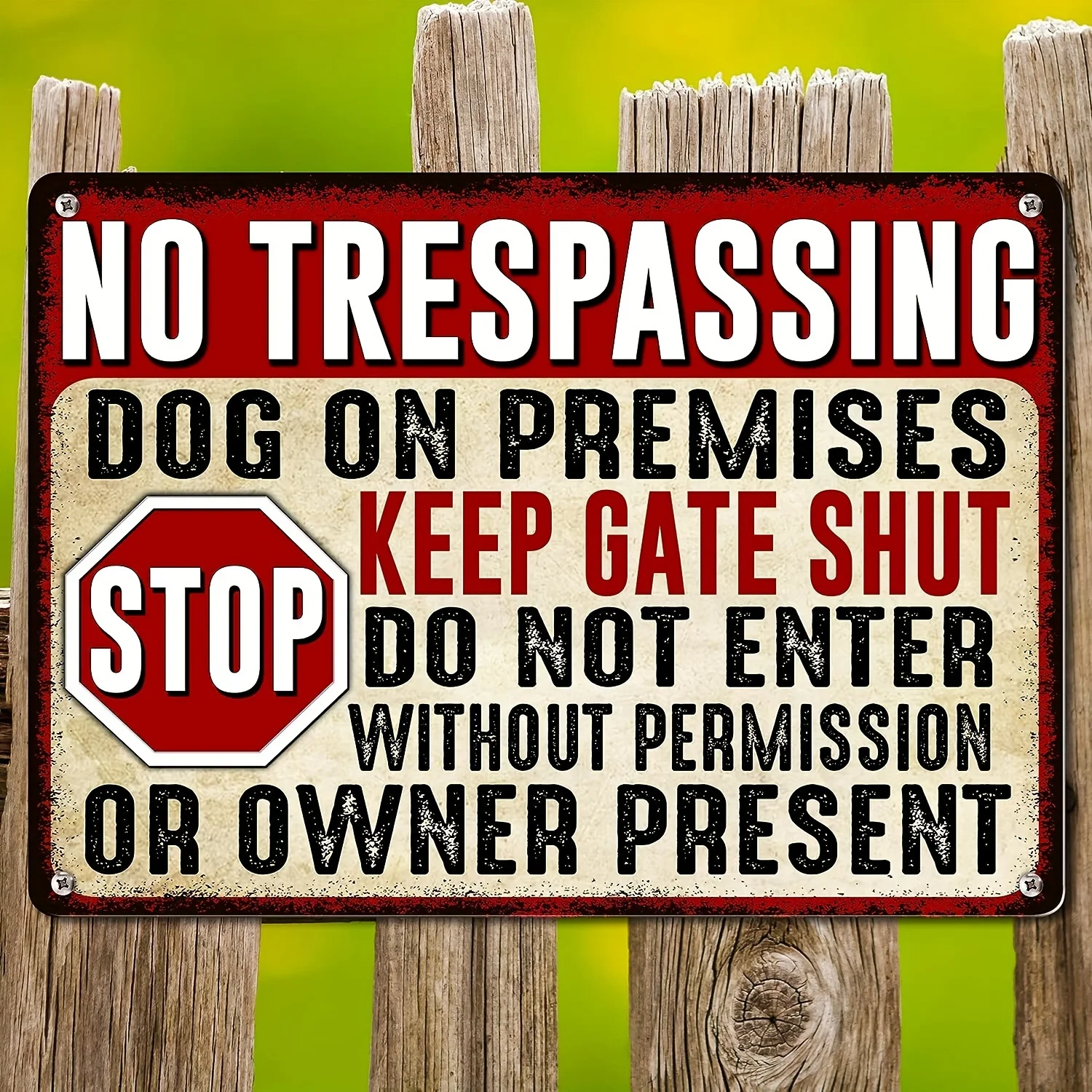 Vintage „No Trespassing“ lustiges Hunde-Warnschild – rustikale Metall-Wanddekoration für Zuhause, Küche, Garten, aus Eisenmaterial, Rot & Gelb