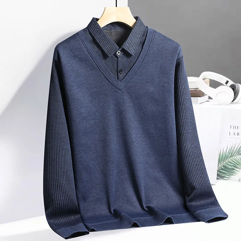 Men\'s Polo Shirts Spring Autumn Blouse Shirt Fake Two Pieces Pullovers Man Clothing Shirt Collar Business Casual Male T-shirts