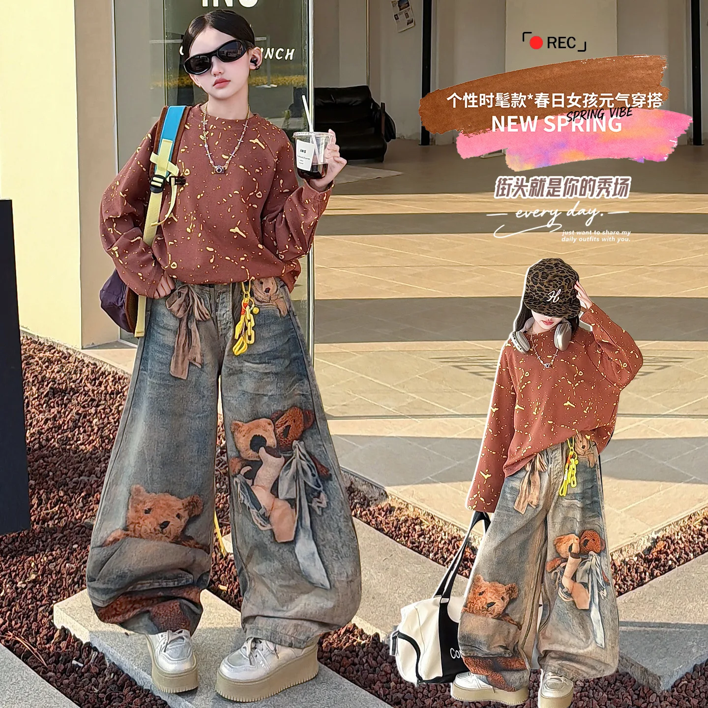American Sweet Cool Vintage Teddy Bear Printed Teen Girls Jeans Junior Kid Washed Retro Ribbon Straight Leg Pants Child Trousers