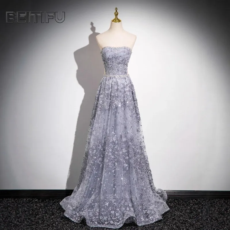 فستان سهرة نسائي أنيق مكشوف الكتفين وأكمام طويلة ترتر ثقيل فساتين لحفلات الولائم للنساء فيستدو دي فييستا