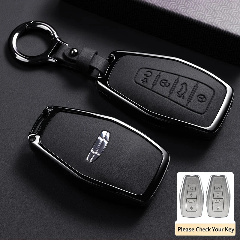 Car Zinc Alloy Leather Key Case Cover Holder Chain For Geely Okavango Coolray Atlas Monjaro Tugella Emgrand GT S Proton X50 X70