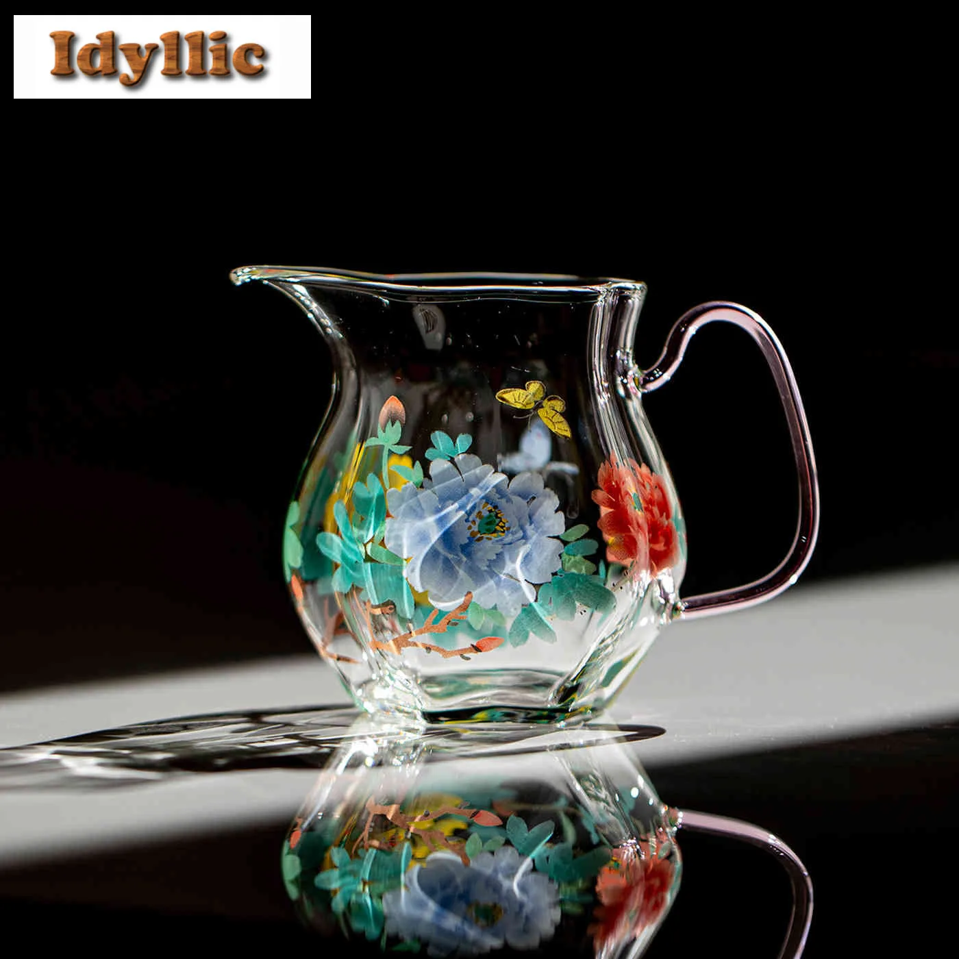 

230ml Peony Pink Handle Glass Tea Pitcher Pour Tea Cha Hai Dispenser Justice Cup Puer Fair Mug Tea Services Ornaments Supplies