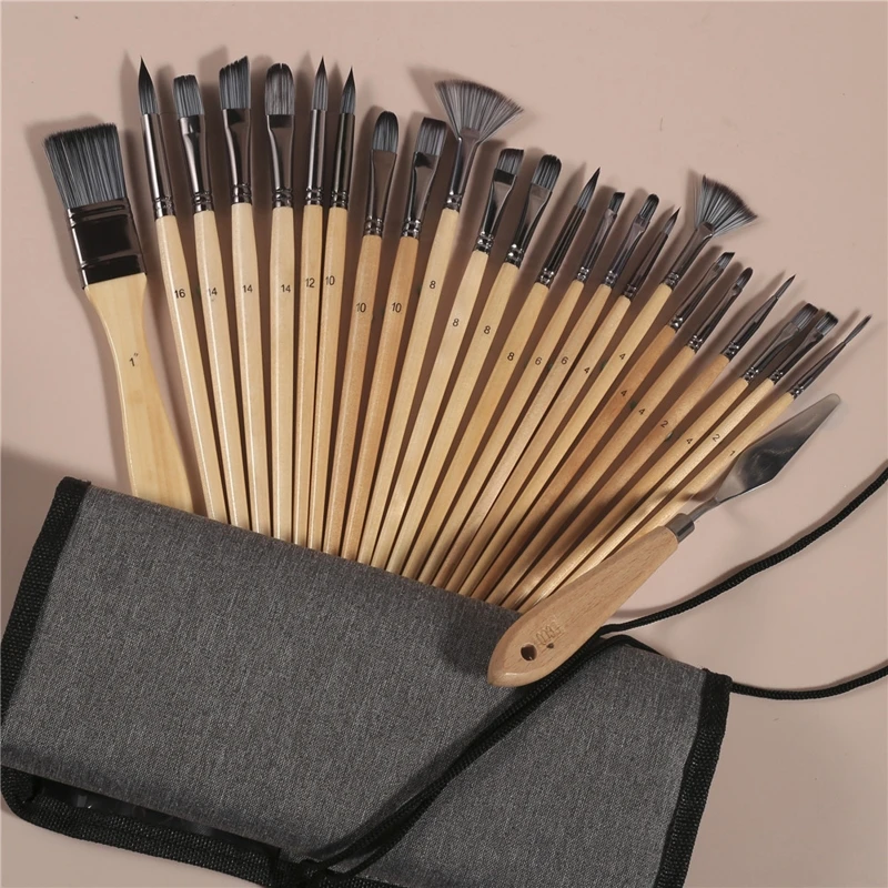 

24Kit Artist Paintbrushes Scraper with Bag for Acrylic Oil Watercolor Nylon Hair for Beginner Student Amateur Painter