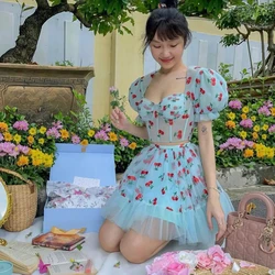 Fashion Two Pieces Mesh Women Dress Cute Puff Sleeves Printing Tulle Mini Brithday Party Dresses Puffy Short Summer Prom Gowns