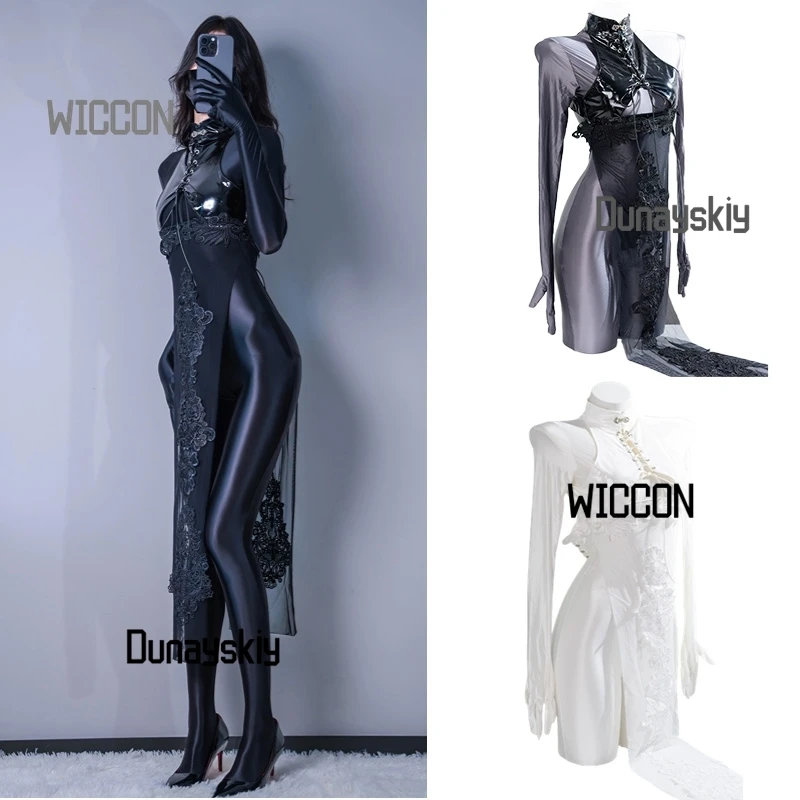 

High Slit Qipao Patent Leather Base Suit Sexy Jumpsuit Women Cosplay Costumes Cool Kawaii Mysterious Party Night Club Halloween