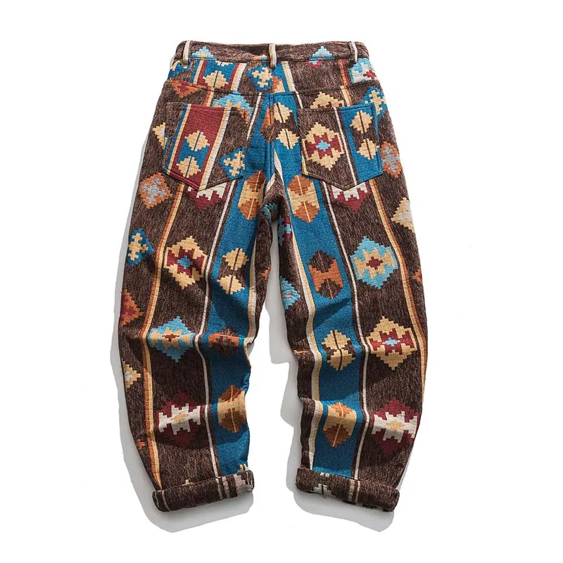 Hip Hop National Style Printed Pants Spring Autumn Straight Trousers For Male Vintage