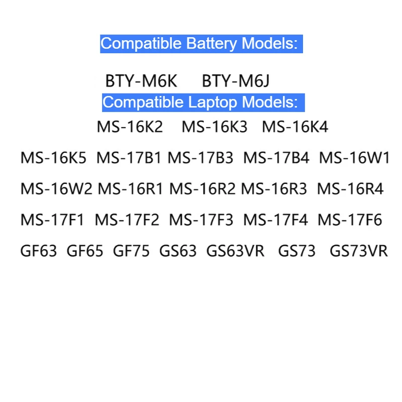 BTY-M6K Laptop Battery For MSI GF63 GF75 GS73 GF65 WF75 GS63 WS63 MS-17B4 17F1 17B3 16W1 16R3 16R1 Creator 15M 17M A9SD BTY-M6J