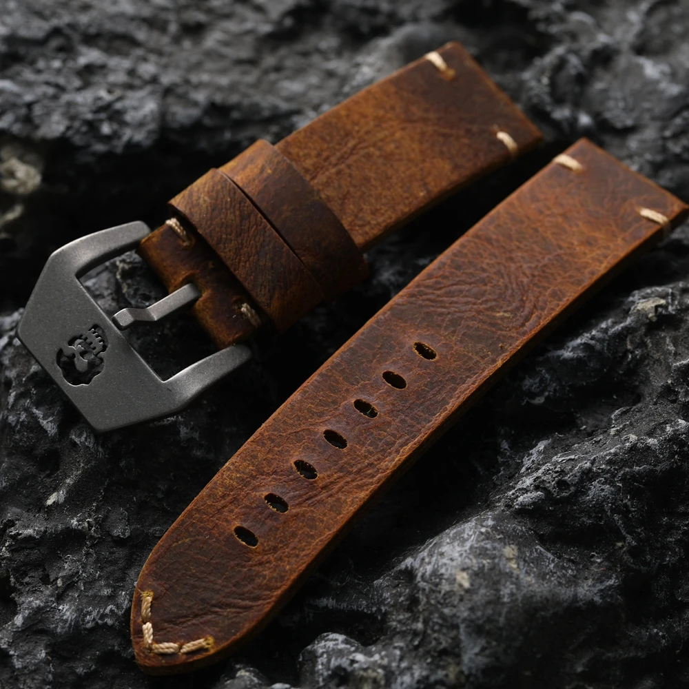 Vintage Men\'s Skull Cowhide Leather Strap, 24MM Thick Genuine Leather Strap, Vintage Brown, Fits PAM 111 44MM Dial Watch Bracele